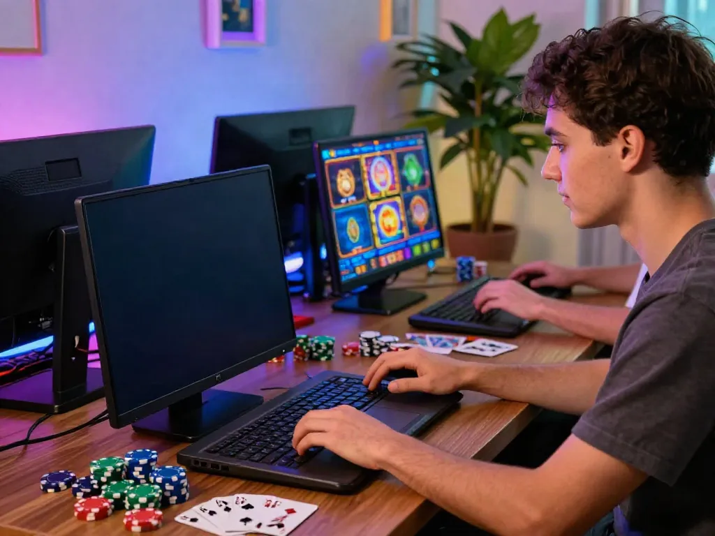 Player engaged with slots not on GamStop in a vibrant online casino setting.