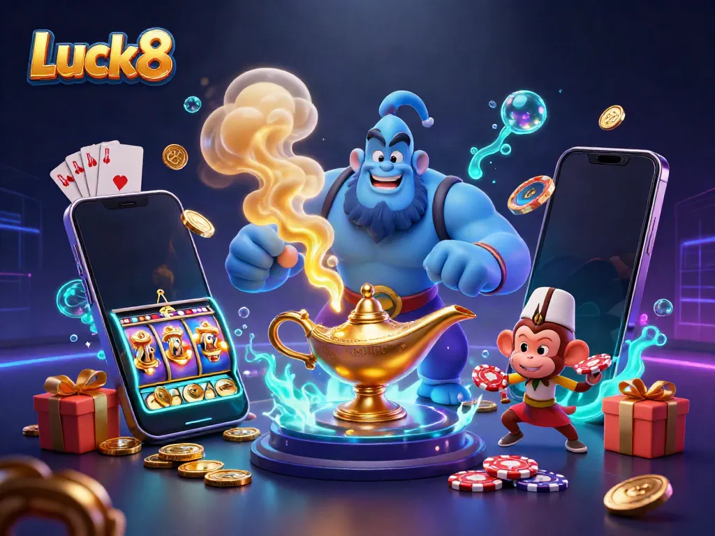 Immerse in Luck8's vibrant casino world with a genie, monkey, and poker-themed carpet.