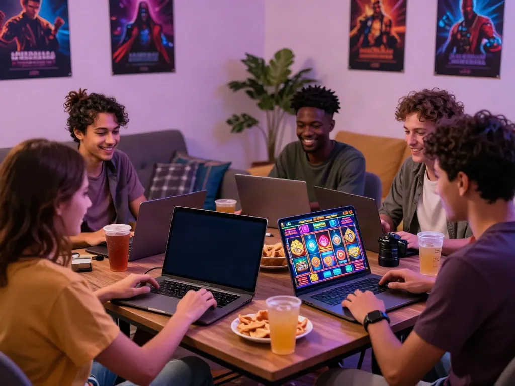 Group of friends enjoying slots not on gamstop during a gaming session with vibrant visuals and snacks.