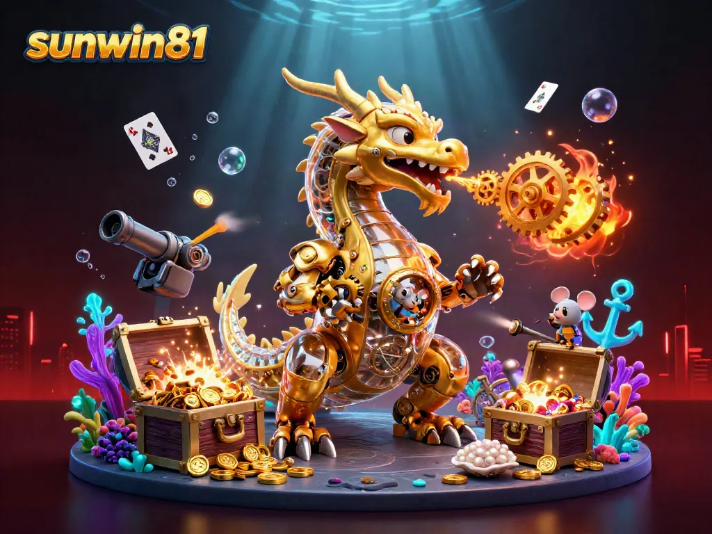 Engage with sunwin81's thrilling gaming world featuring a mechanical dragon in vibrant underwater treasures.
