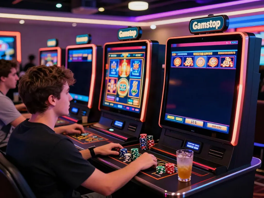 Excited player enjoying slots not on Gamstop in a lively casino setting, colorful games on screen.