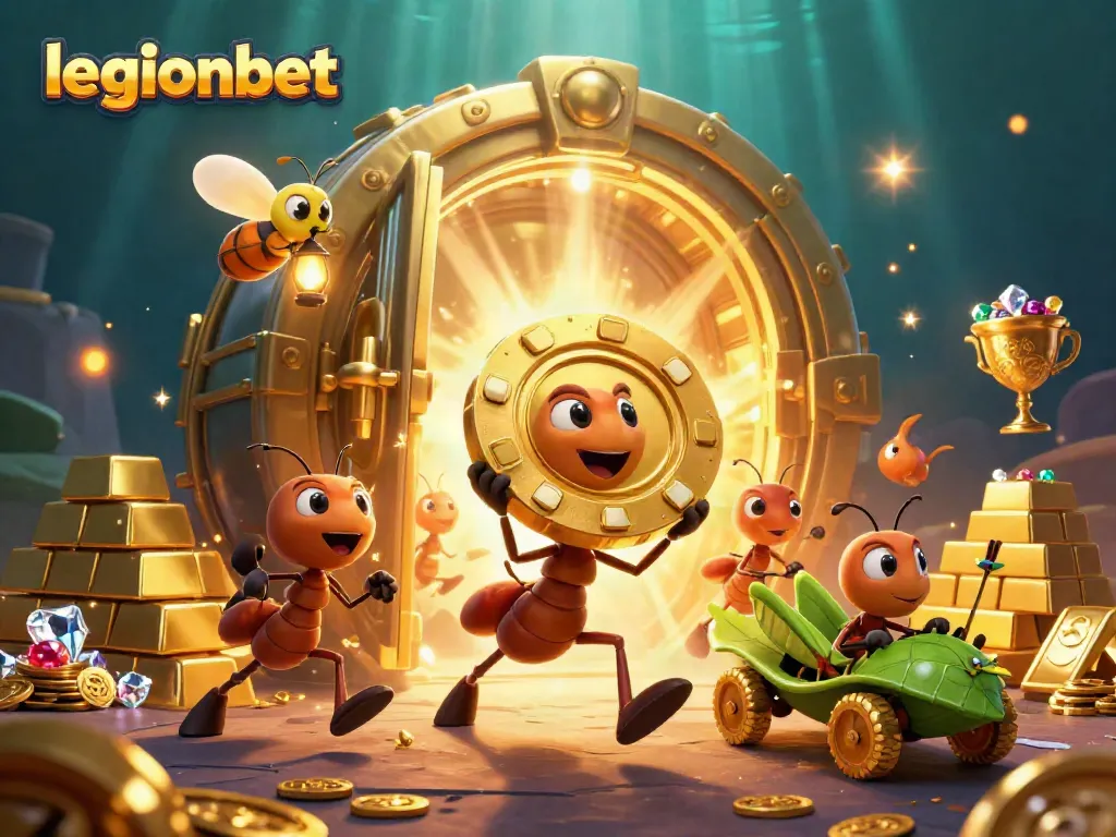 Legionbet ants racing for riches with golden poker chips in a vibrant casino heist scene.