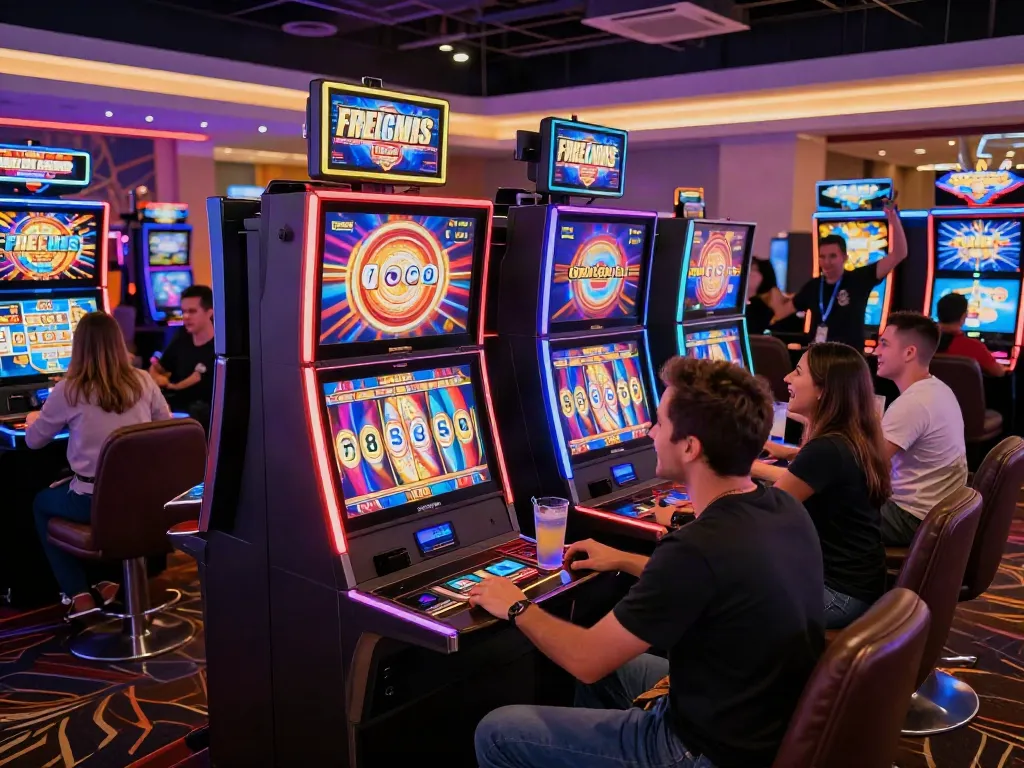 Engaged players enjoying slots not on GamStop in a lively casino environment.