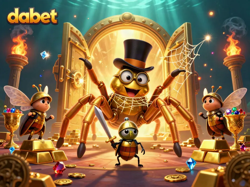 Engage in thrilling dabet casino adventures with a vibrant 3D illustration of a golden tarantula and brave knight.