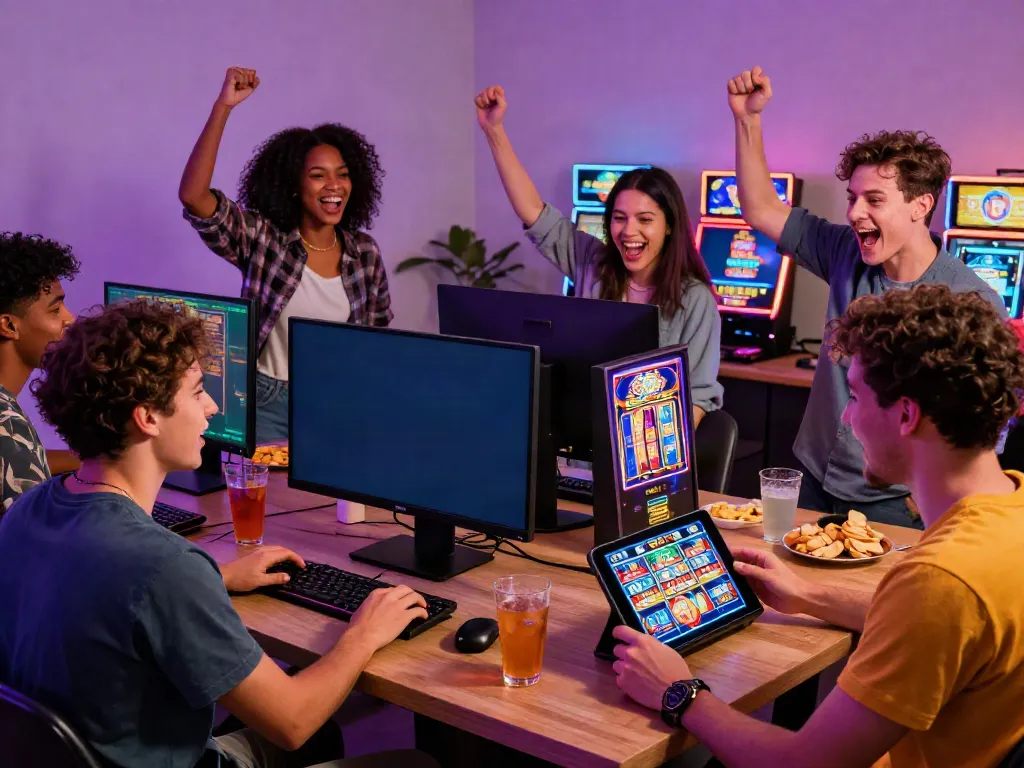 Friends playing slots not on GamStop in a lively home gaming setup.