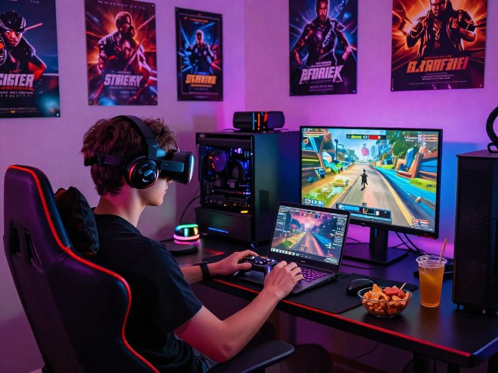 Engaging atmosphere of a player enjoying a porn game on a laptop with vibrant gaming decor.
