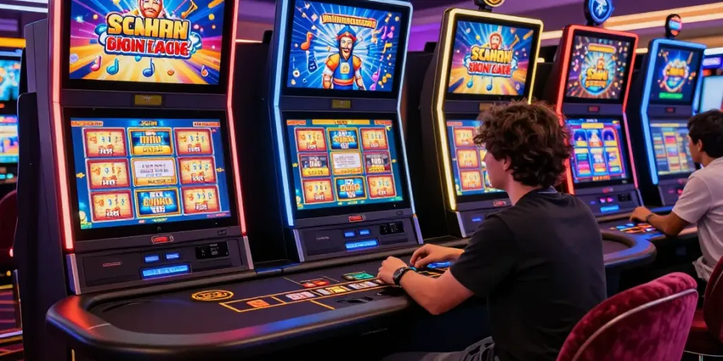Engaging scene of a person playing slots not on Gamstop in a virtual casino