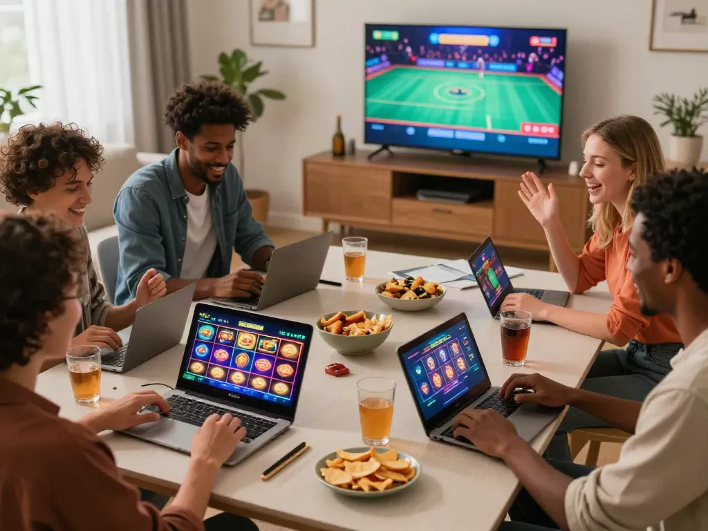Friends enjoying slots not on gamstop in a lively home gaming scene.