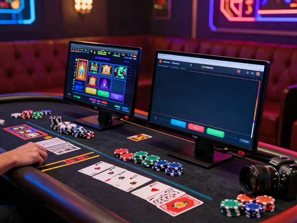 Engaging gaming scene with slots not on Gamstop displayed on a laptop screen alongside casino chips and cards.