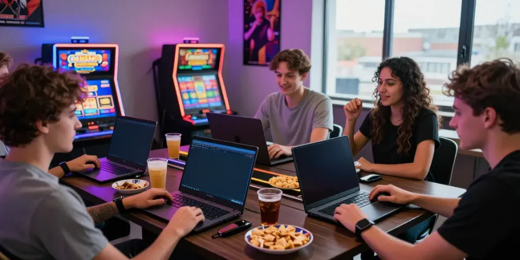 Group enjoying slots not on Gamstop at home with vibrant gaming setup.