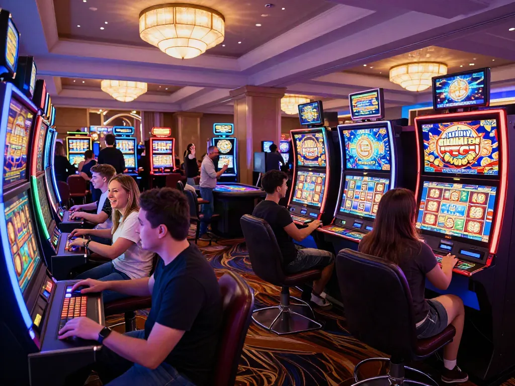 Players enjoying slots not on GamStop in a lively casino atmosphere filled with colorful lights and excitement.