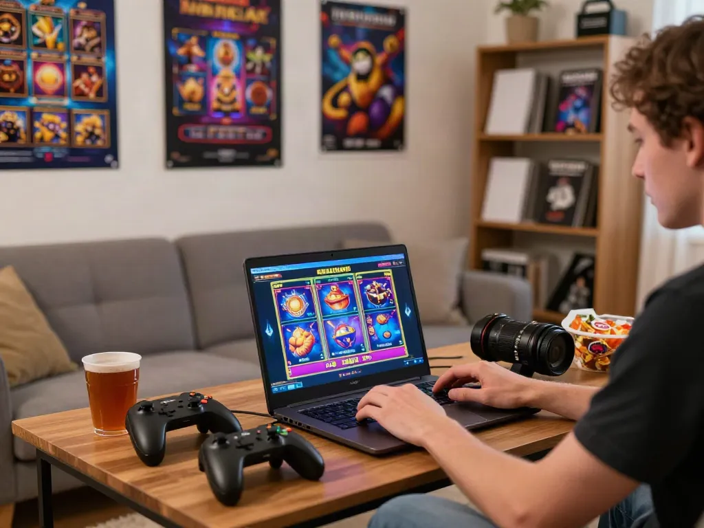 Player enjoying slots not on Gamstop in a cozy home gaming setup