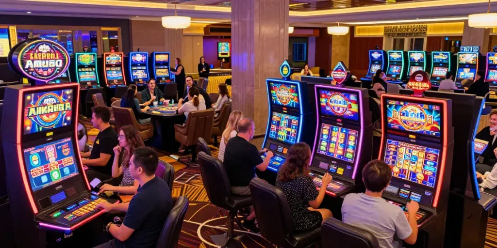 Vibrant casino gaming scene featuring players at slots not on gamstop, showcasing excitement and engagement