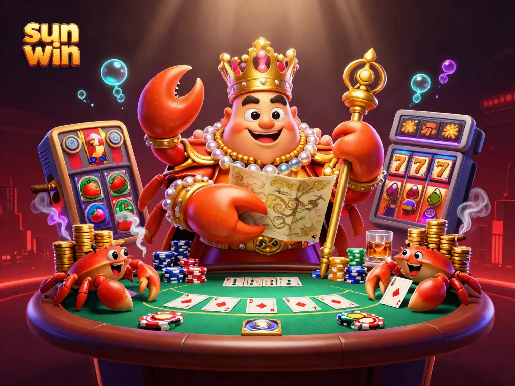 Join the vibrant fun at sun win, showcasing a massive golden crab emperor at a luxurious poker scene.