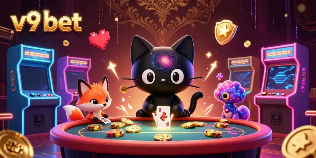 Experience the magic of v9 bet with a cosmic casino scene featuring a black hole cat and colorful nebula fox.