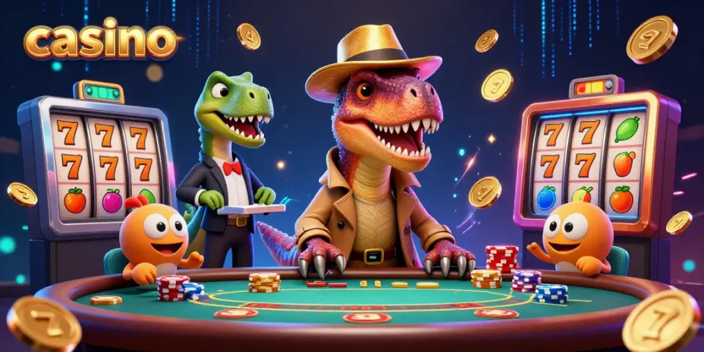 Casino-themed illustration with a clever velociraptor at a blackjack table, avoiding detection.