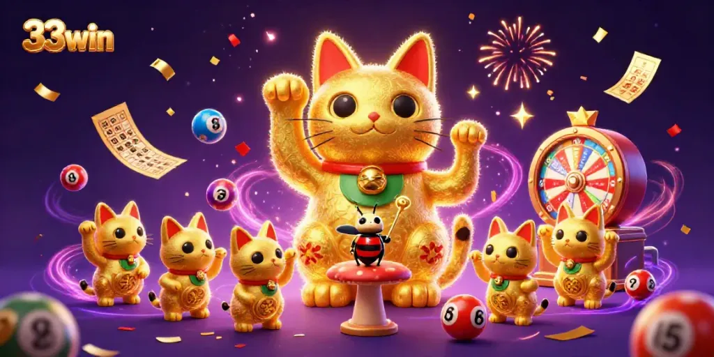 Experience the excitement of 33win's dynamic casino gaming with vibrant visuals of lucky symbols and festive energy.
