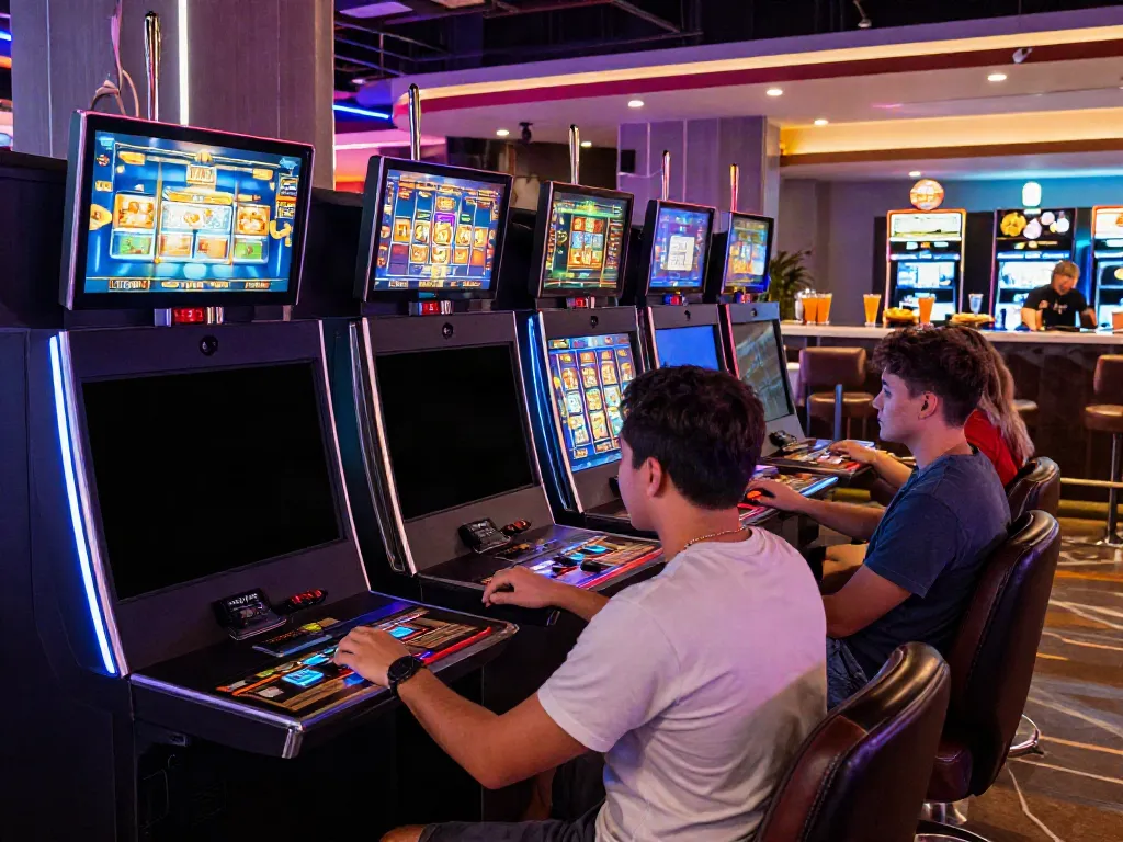 Players enjoying vibrant slots not on GamStop in a modern casino lounge.