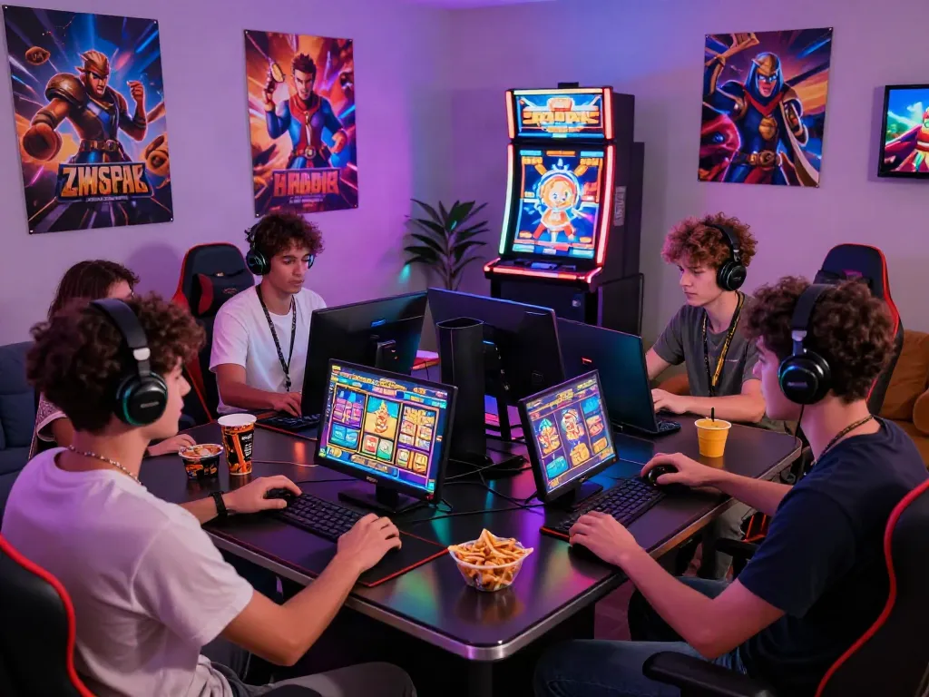 Group of friends enjoying slots not on Gamstop in vibrant gaming room