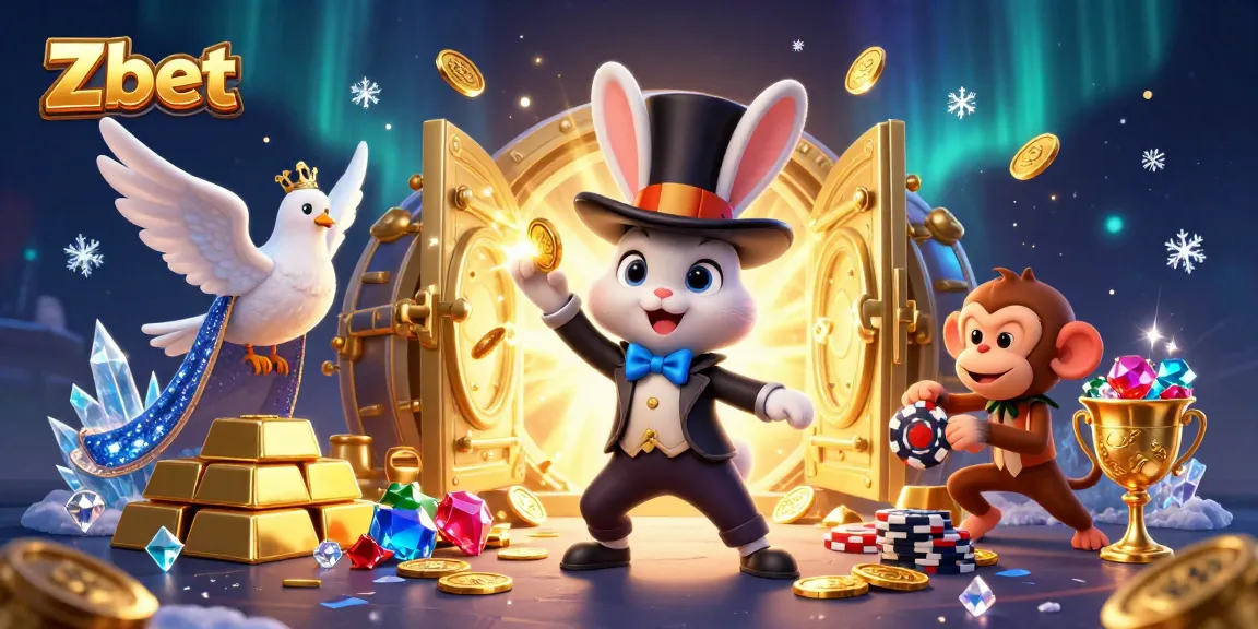 Experience thrilling online gaming at Zbet with a magical casino scene featuring golden coins, poker chips, and enchanting characters.