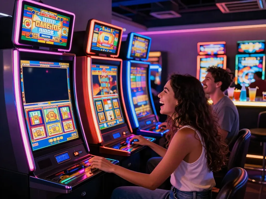 Friends celebrating at a casino with slots not on gamstop, showcasing excitement and vibrant atmosphere.