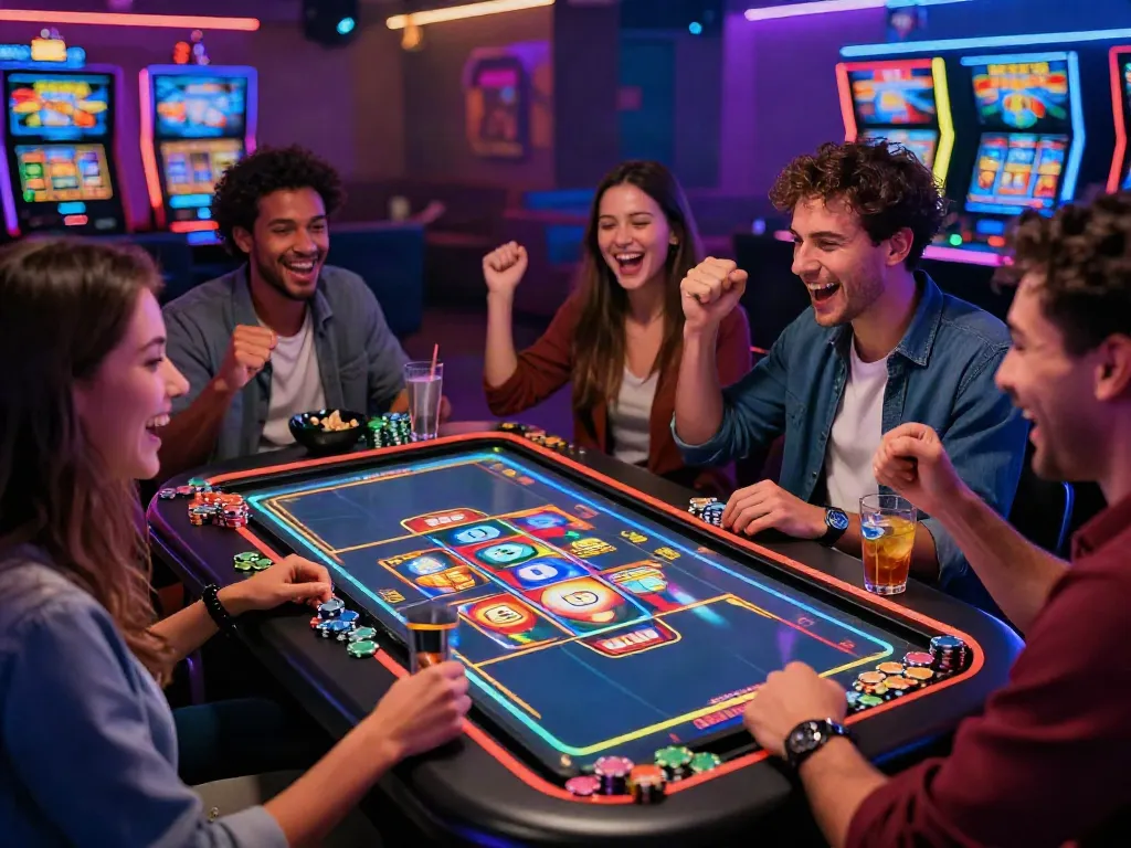 Friends enjoying a lively online casino experience with slots not on Gamstop displayed on the screen.