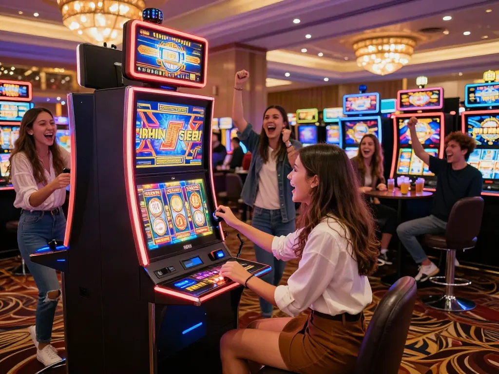 Exciting gameplay at slots not on gamstop with friends celebrating in a lively casino atmosphere.