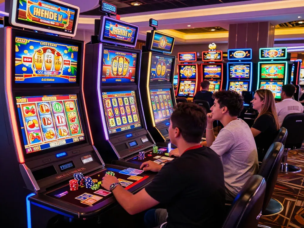 Player spinning reels on slots not on Gamstop in a vibrant casino.