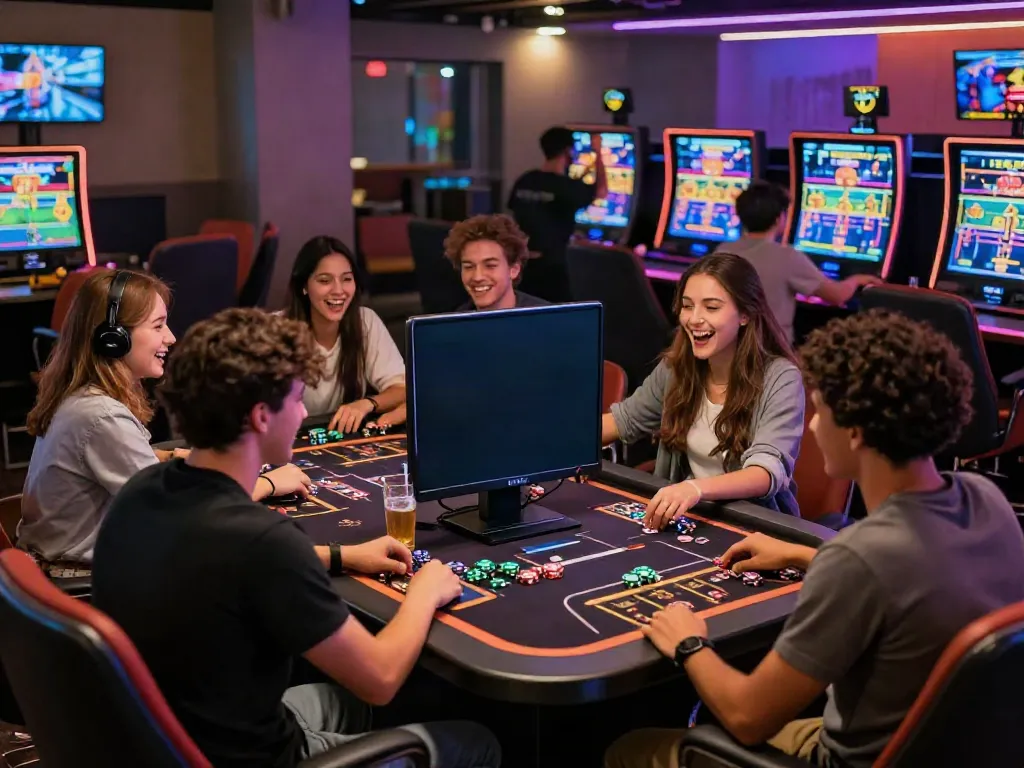 Exciting gaming scene featuring friends enjoying slots not on gamstop in a vibrant casino environment.