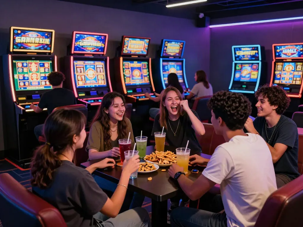 Friends enjoying slots not on GamStop in a vibrant gaming lounge.