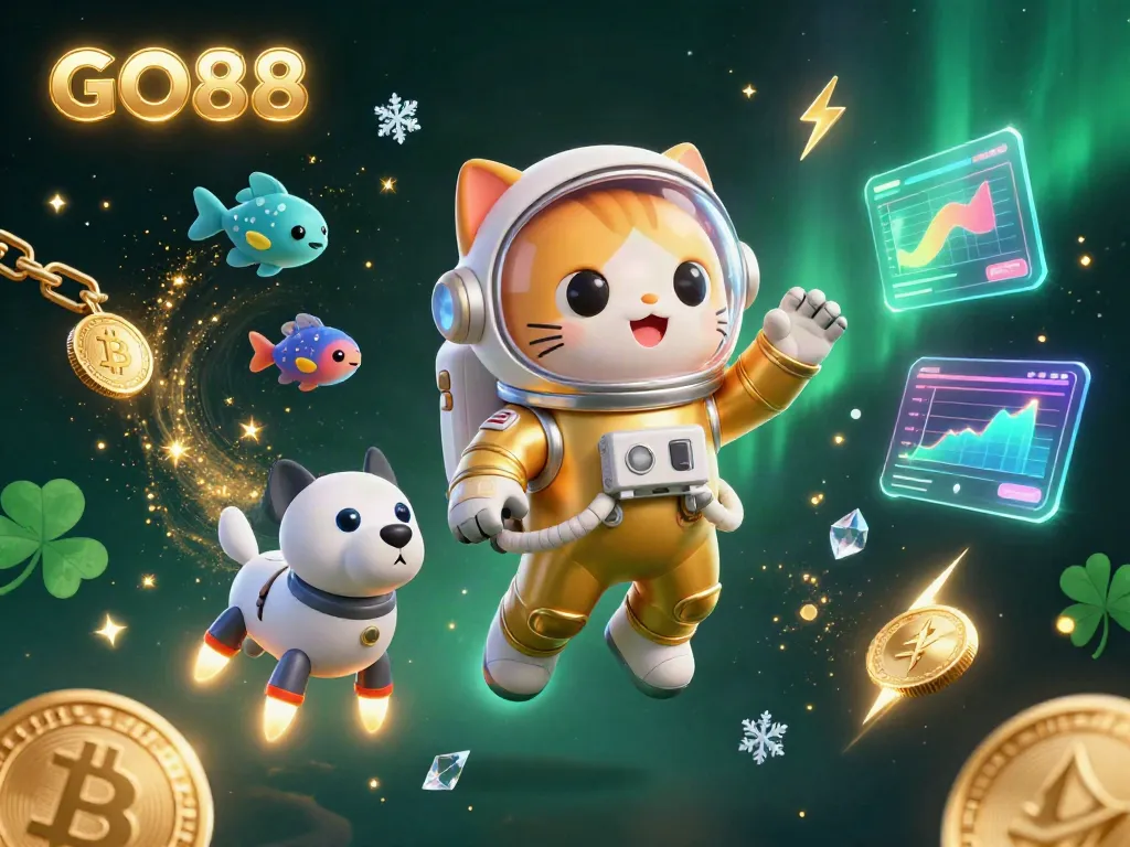 Experience GO88's exhilarating gaming adventures with a cartoon astronaut cat and robot dog in a dazzling cosmic scene.