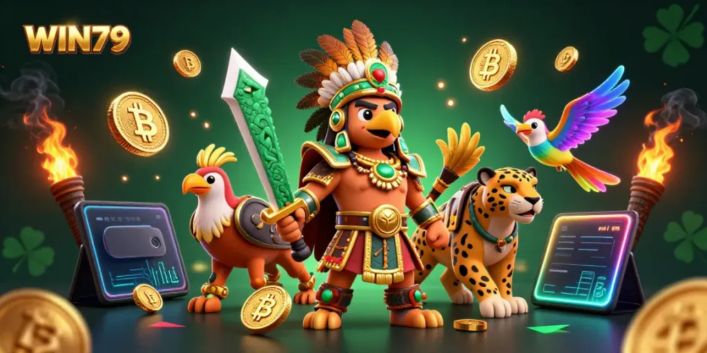 WIN79 features dynamic Aztec warriors and cryptocurrency elements in an engaging casino scene.