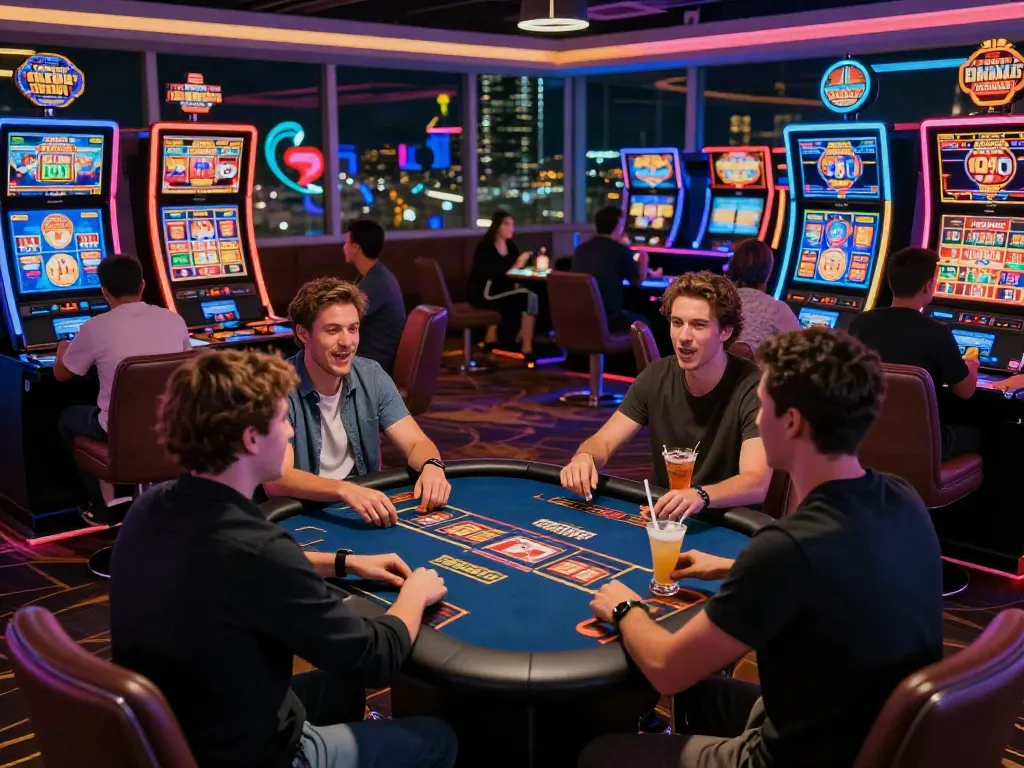 Excited players enjoying slots not on Gamstop in a colorful modern casino atmosphere.