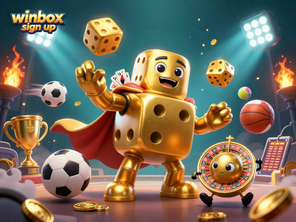 Join the action with Winbox sign up, featuring dynamic golden dice and sports elements.