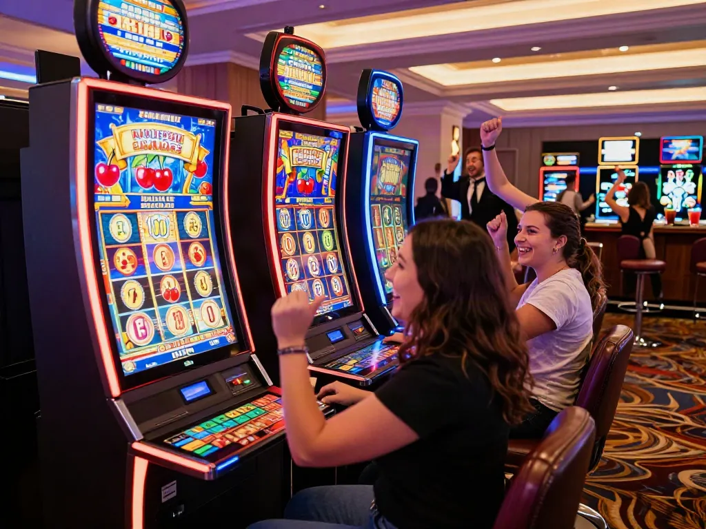 Players enjoying vibrant slots not on Gamstop in an exciting casino atmosphere.