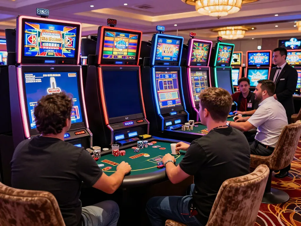 Players enjoying slots not on gamstop in a lively casino atmosphere.