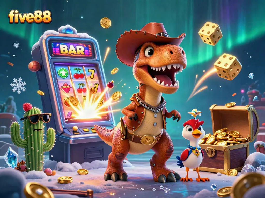 Hit the jackpot at five88 with vibrant casino elements and engaging characters in a colorful 3D scene.
