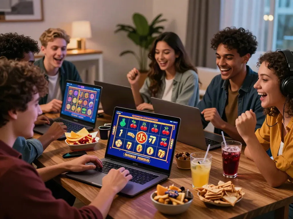Friends enjoying slots not on Gamstop in a lively home setting with snacks and excitement.