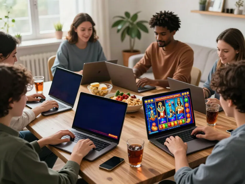 Players enjoying slots not on GamStop in a lively home setup with vibrant screens and festive elements.