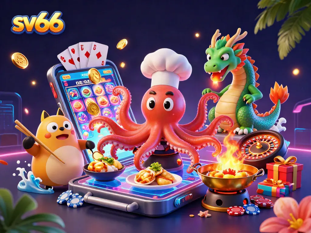 Players enjoy sv66 casino excitement with colorful slots and unique characters in a vibrant atmosphere.