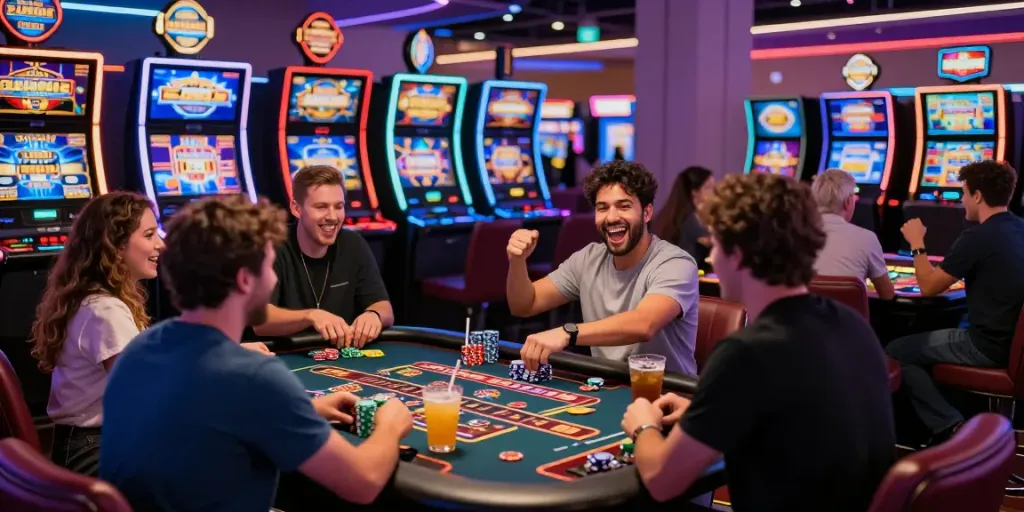 Players enjoying slots not on gamstop in a vibrant casino atmosphere with colorful lighting and celebratory energy.