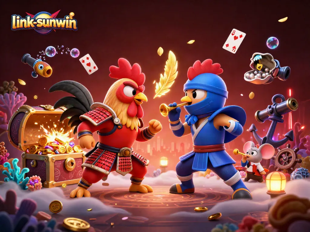 link-sunwin captures the intensity of a cockfight with dramatic roosters and dynamic casino elements.