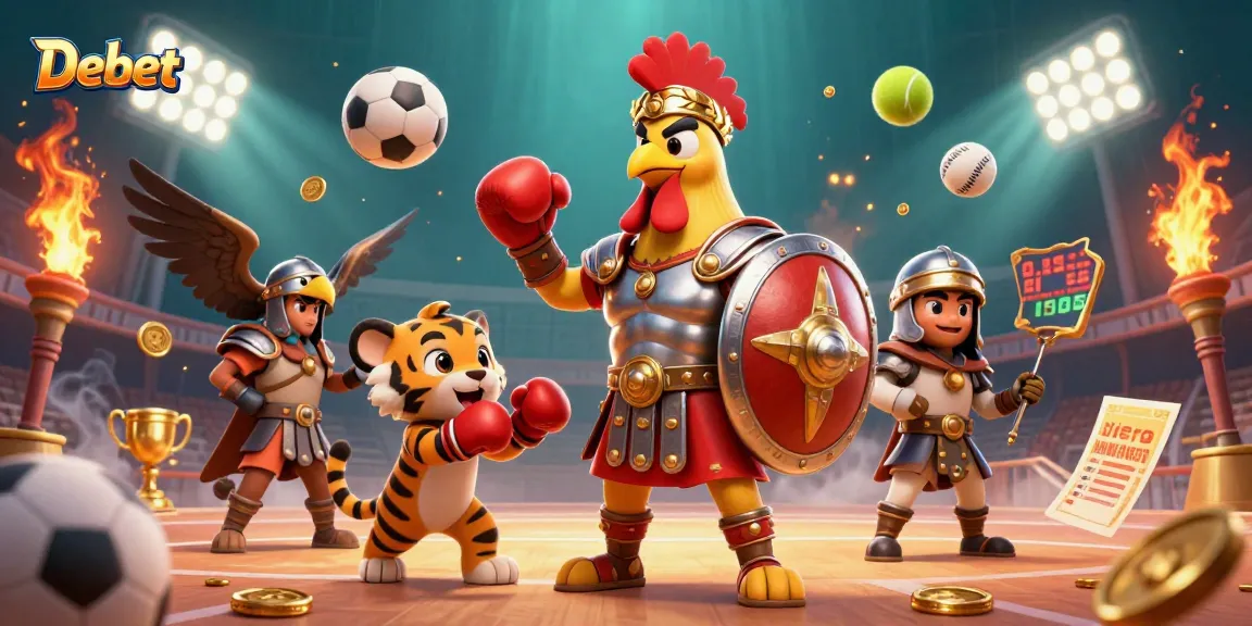 Engage with Debet as a gladiator rooster triumphs in a vibrant sports betting arena.