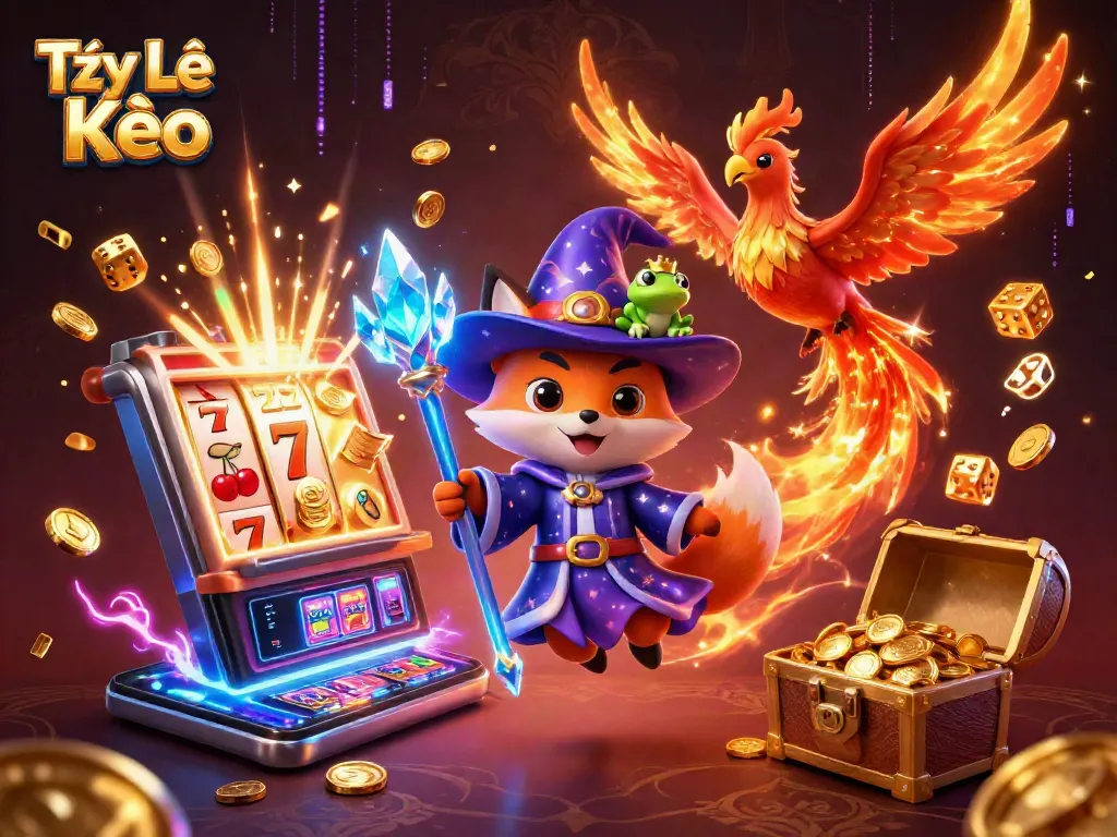 Tỷ Lệ Kèo shows a wizard fox and phoenix among casino elements, showcasing excitement in gambling.