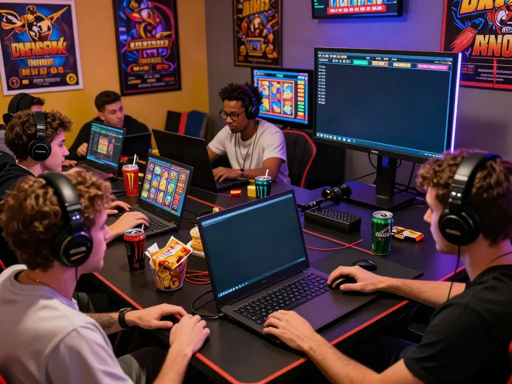Players enjoying slots not on Gamstop in a vibrant gaming room atmosphere, showcasing excitement and engagement.