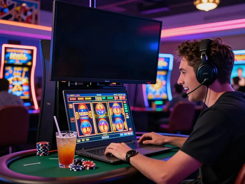 Player spinning slots not on gamstop in an energetic online gaming room.