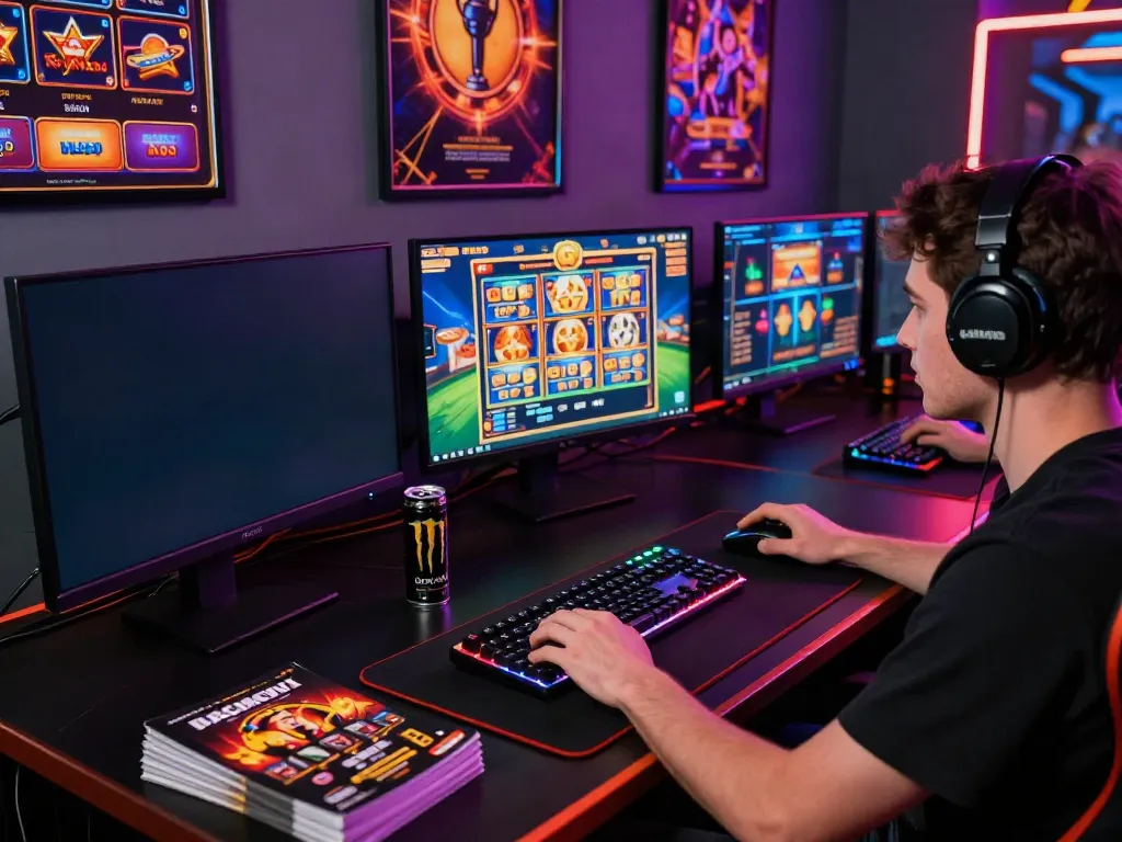 Player immersed in online gaming, showcasing slots not on Gamstop with vibrant LED lighting and gaming setup.