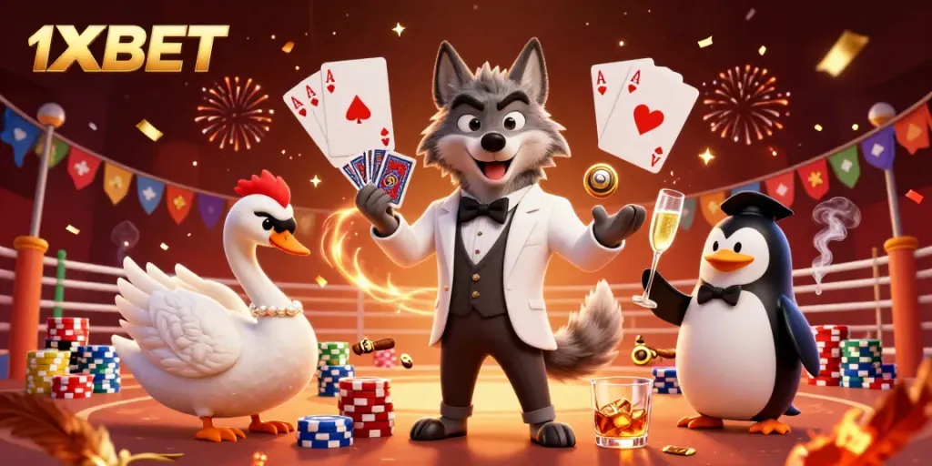 Engage with 1XBET in a dynamic cockfighting arena surrounded by festive elements and lively characters.