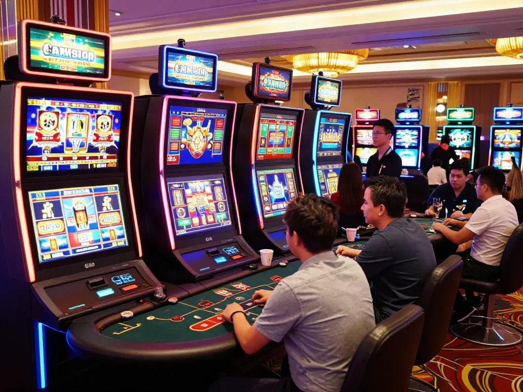 Exciting slots not on Gamstop scene with vibrant casino atmosphere and players enjoying gaming.