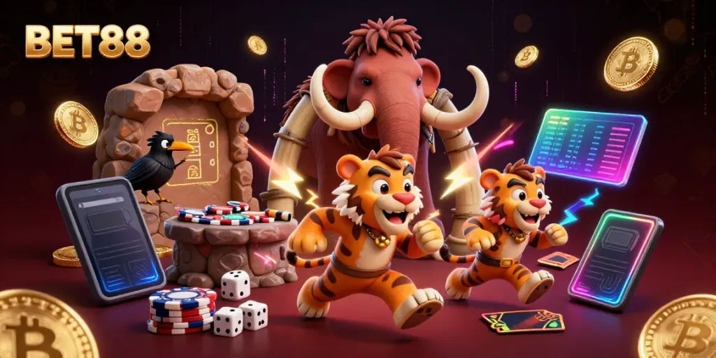 Experience thrilling gameplay at BET88 with a vibrant prehistoric casino scene featuring a caveman duo and crypto elements.